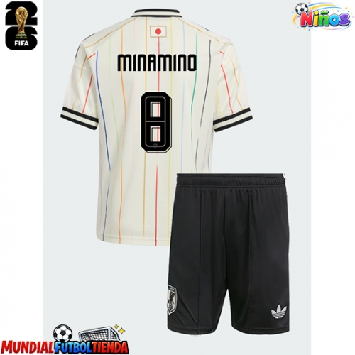 Camiseta Japón Takumi Minamino #8 Segunda Equipación Replica Mundial 2026 para niños mangas cortas (+ Pantalones cortos)